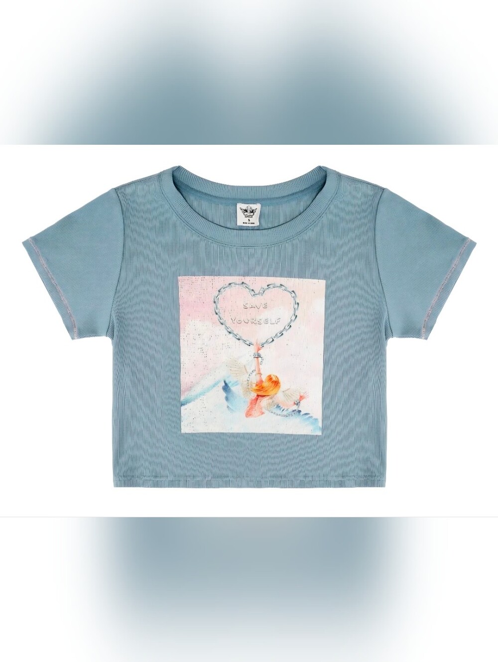 Boys Lie Blue Break Free Crop Tee Shirt Size Small Ribbed Angel Graphic